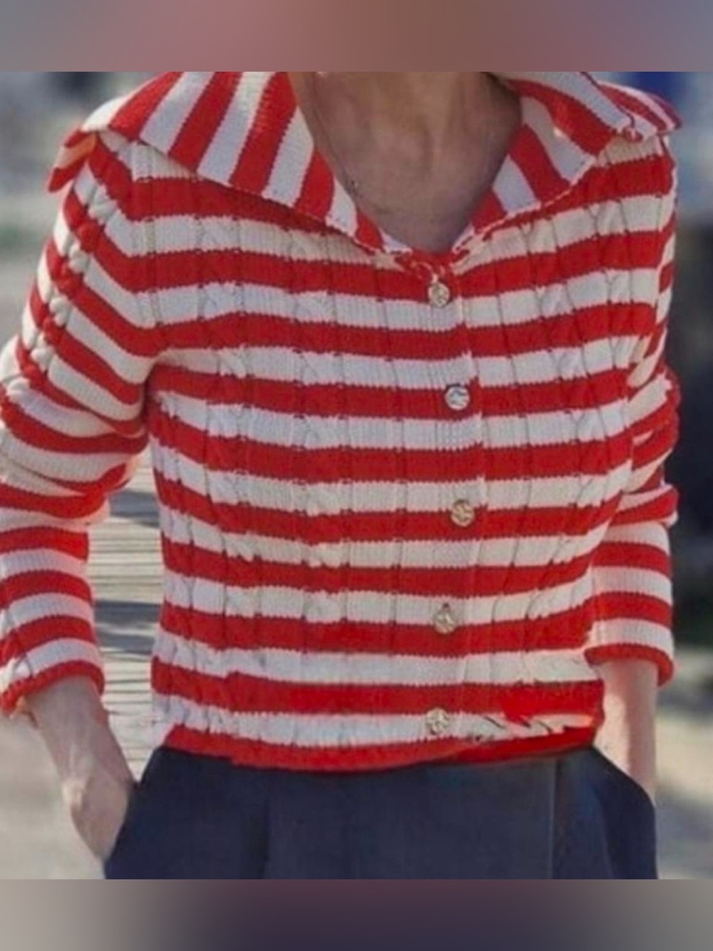 Zara Elegant cable-knit cropped Sailor Collar Stripe Pattern cardigan Sz XS